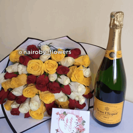 VEUVE CLICQUOT CHAMPAGNE & MIXED ROSES