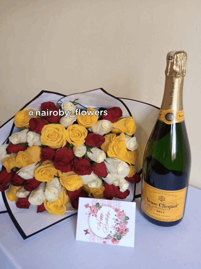 VEUVE CLICQUOT CHAMPAGNE & MIXED ROSES