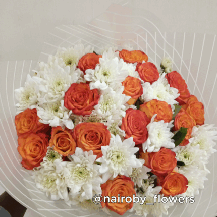 WHITE CHRYSANTHEMUMS & ORANGE ROSES