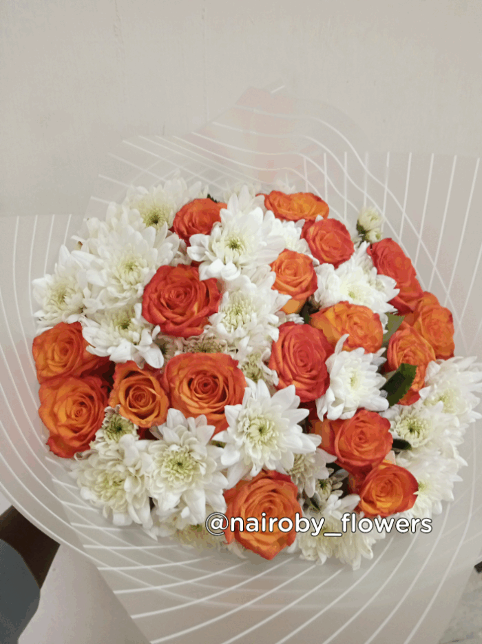 WHITE CHRYSANTHEMUMS & ORANGE ROSES