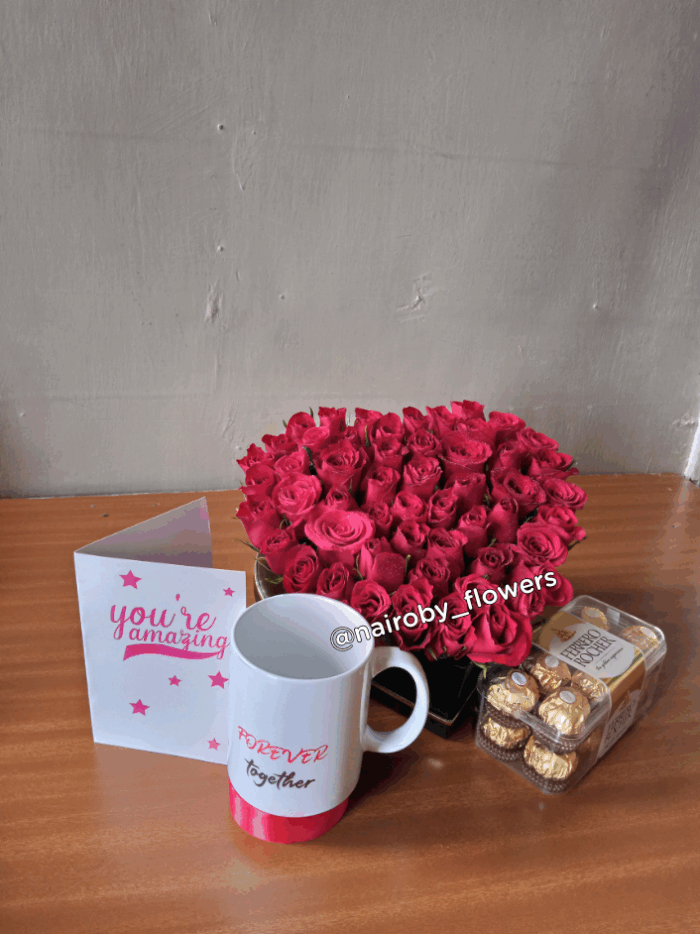 1 FERRERO CHOCOLATES, 1 MUG & RED ROSES