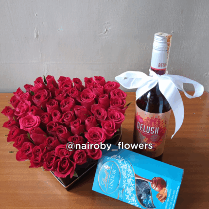 RED ROSES BOX, CHOCOLATE & DELUSH WINE