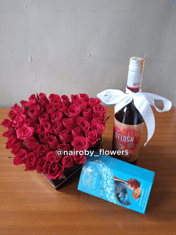 RED ROSES BOX, CHOCOLATE & DELUSH WINE