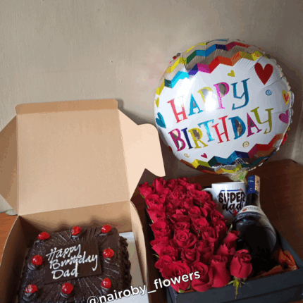 CHOCOLATE CAKE, MUG, BALLOON,WINE & RED ROSES