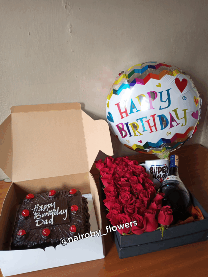 CHOCOLATE CAKE, MUG, BALLOON,WINE & RED ROSES