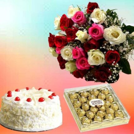 CAKE , FERRERO CHOCOLATES & BOUQUET