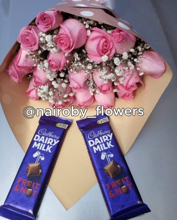 2 CADBURY CHOCOLATE & PINK ROSES