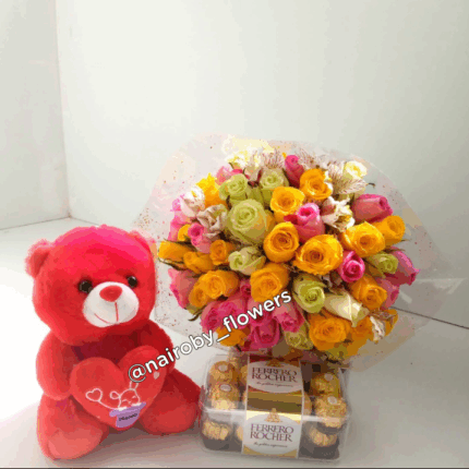TEDDY BEAR, CHOCOLATE & ROSES