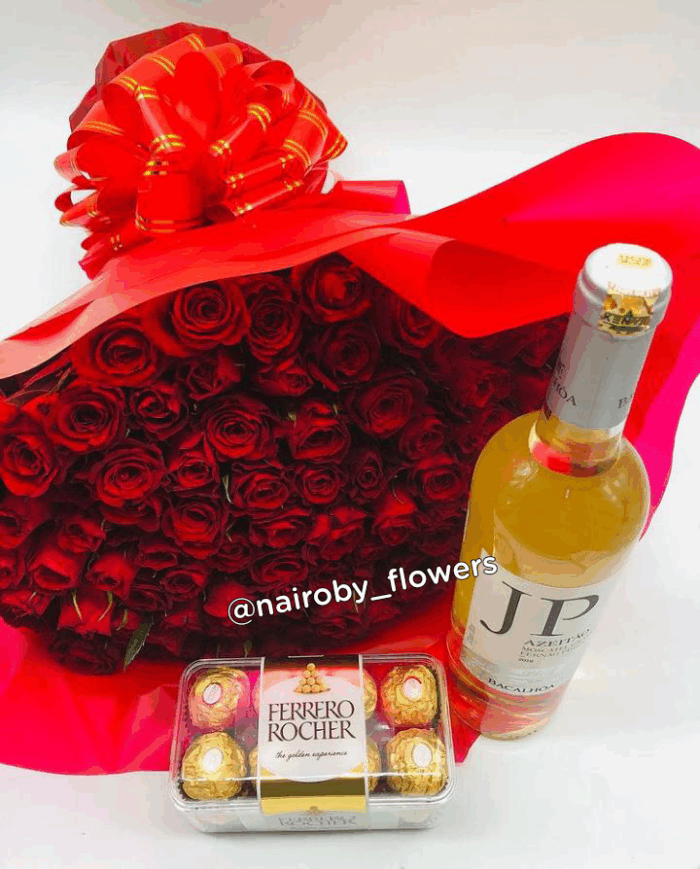 100 RED ROSES, WINE & FERRERO CHOCOLATES