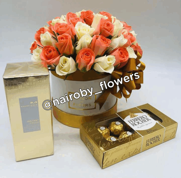 MANCERA PERFUME, FERRERO CHOCOLATES & HAT BOX ROSES