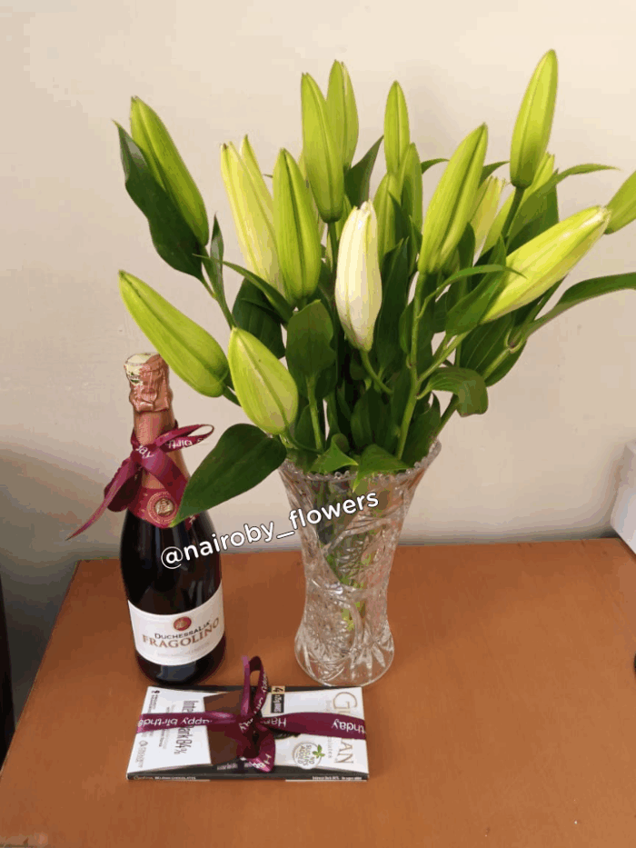LAVISH LILIES VASE, FRAGOLINO & GUYLIAN CHOCOLATE