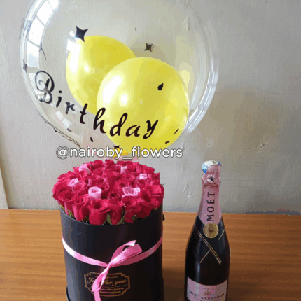 MOET CHAMPAGNE, ROSES BOX & BALLOON
