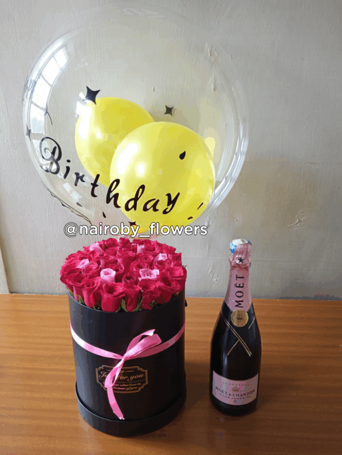 MOET CHAMPAGNE, ROSES BOX & BALLOON