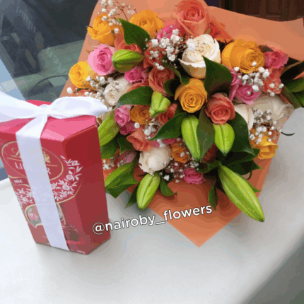 LILIES, ROSES BOUQUET & LINDT CHOCOLATE