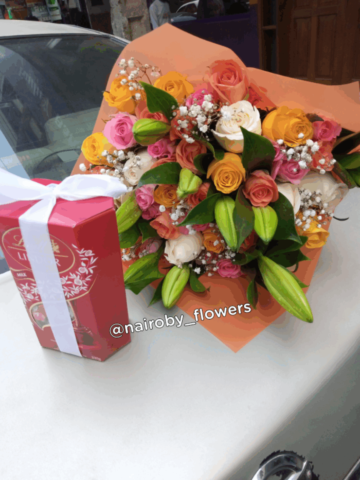 LILIES, ROSES BOUQUET & LINDT CHOCOLATE
