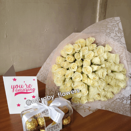 CARD, FERRERO CHOCOLATES & 80 WHITE ROSES