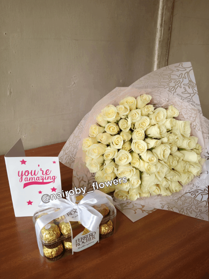 CARD, FERRERO CHOCOLATES & 80 WHITE ROSES