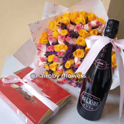 BELAIRE CHAMPAGNE, PRALINES CHOCOLATES & BOUQUET