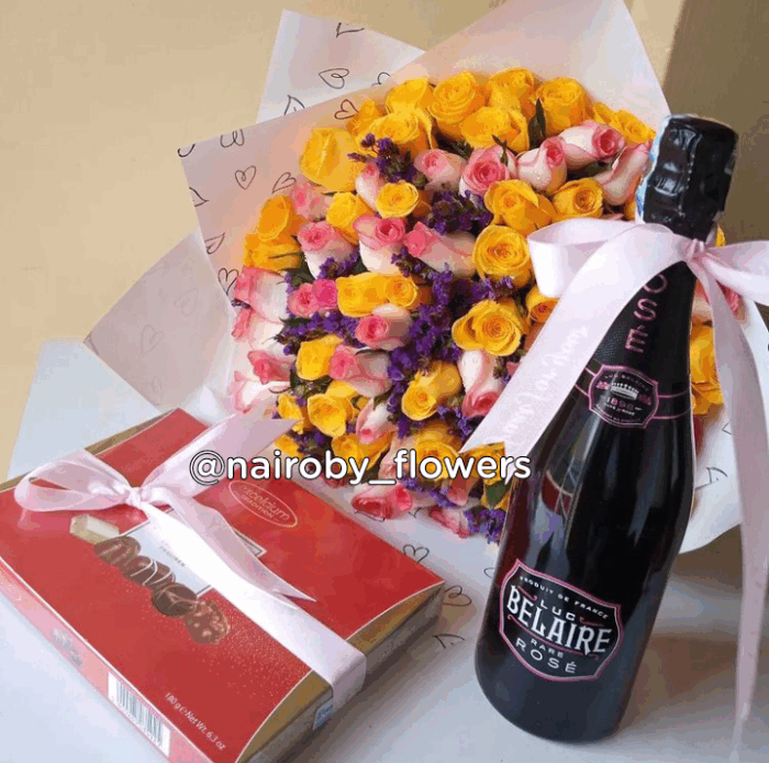 BELAIRE CHAMPAGNE, PRALINES CHOCOLATES & BOUQUET