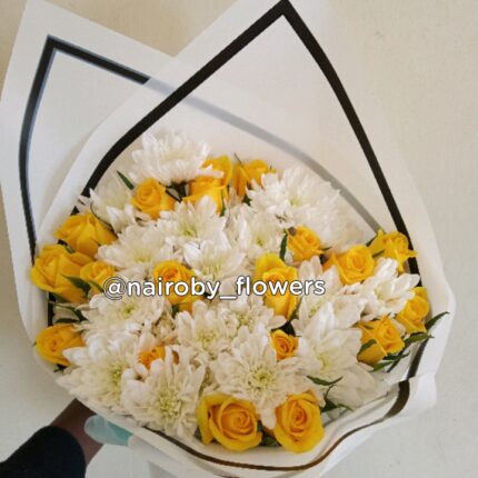 WHITE CHRYSANTHEMUMS & YELLOW ROSES