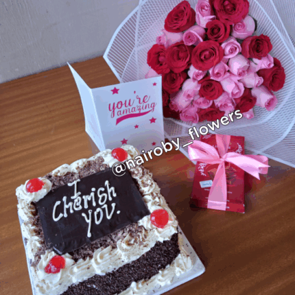 CAKE, LINDT CHOCOLATE & BOUQUET