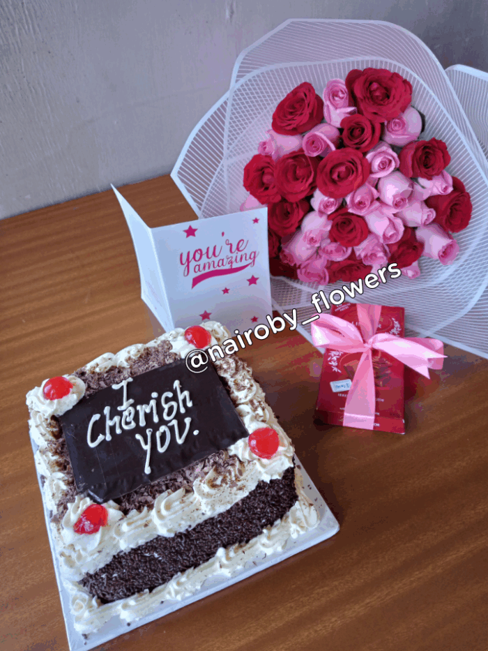 CAKE, LINDT CHOCOLATE & BOUQUET