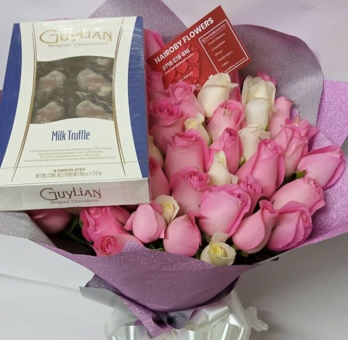 GUYLIAN CHOCOLATE & PINK AND WHITE ROSES BOUQUET