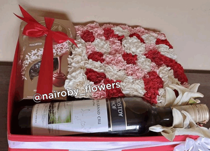 CARNATIONS, DROSTDY HOF & LINDT CHOCOLATE BOX