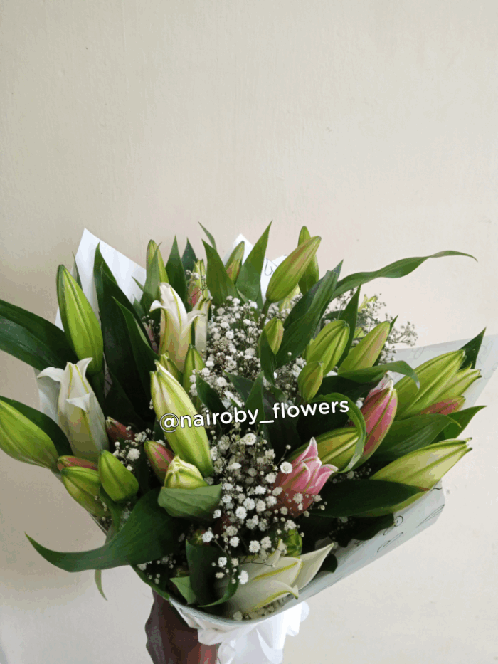 2 DOZEN MEGA PINK & WHITE LILIES BOUQUET WITH BABY BREATH