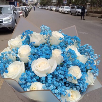 BLUE BABY BREATH & WHITE ROSES