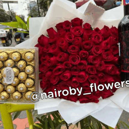 ROSSO NOBILE WINE,24 FERRERO CHOCOLATES & 80 RED ROSES