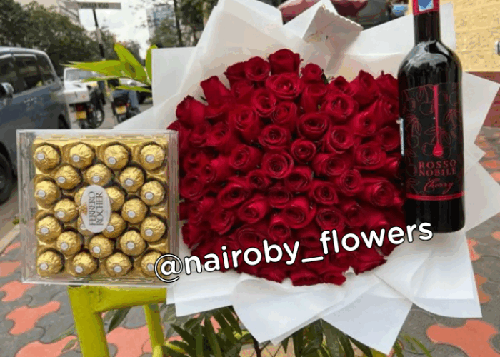 ROSSO NOBILE WINE,24 FERRERO CHOCOLATES & 80 RED ROSES
