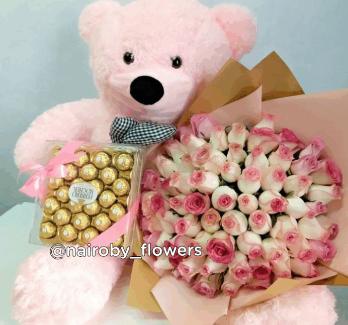 100CM TEDDY BEAR, 60 PINK ROSES & 24 PIECES FERRERO CHOCOLATES