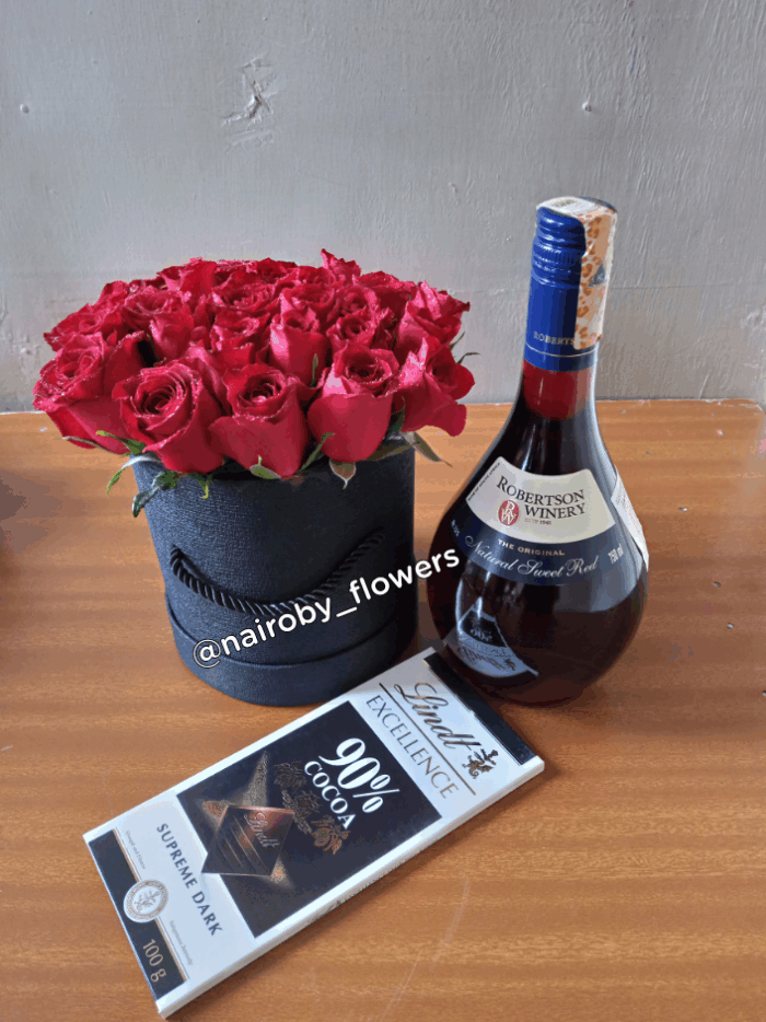 RED ROSES BOX, RED ROBERTSON WINE & LINDT CHOCOLATE