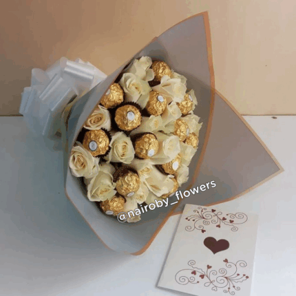 FERRERO CHOCOLATES WITH WHITE ROSES.