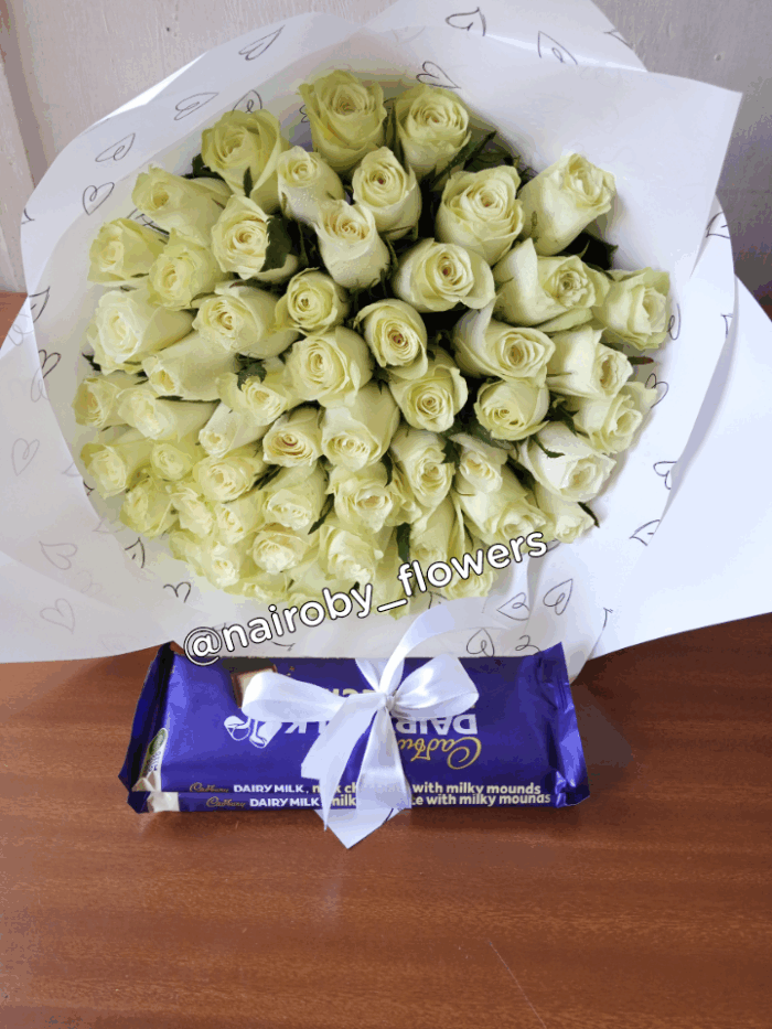 60 WHITE ROSES & TWO CHOCOLATES