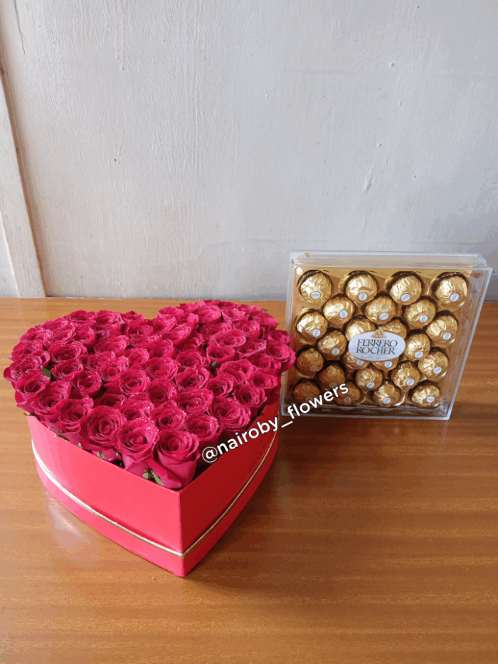 HEART SHAPED BOX WITH RED ROSES & 24 FERRERO CHOCOLATES