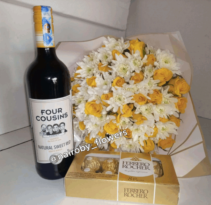 FOUR COUSINS WINE, FERRERO CHOCOLATES & STUNNING BOUQUET