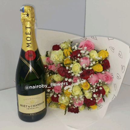 MOET CHAMPAGNE & MIXED ROSES BOUQUET
