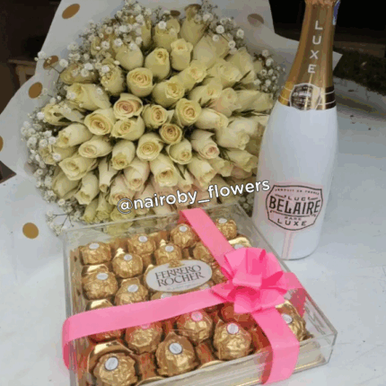 BELAIRE CHAMPAGNE, 60 WHITE ROSES & 24 PIECES FERRERO CHOCOLATES