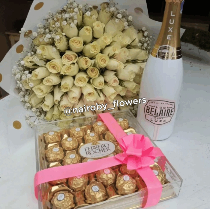 BELAIRE CHAMPAGNE, 60 WHITE ROSES & 24 PIECES FERRERO CHOCOLATES