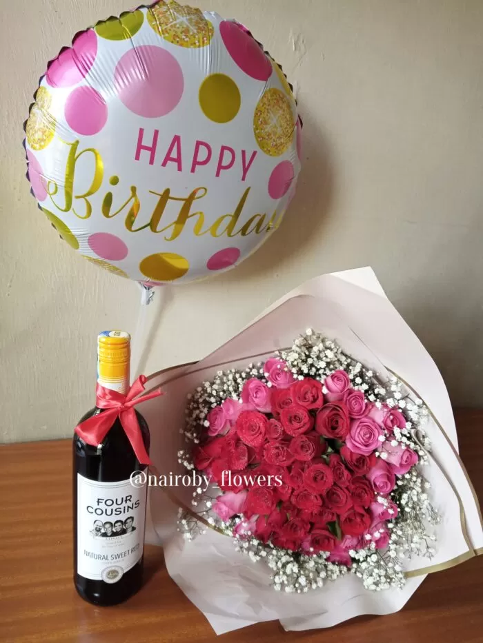 FOUR COUSINS RED, BIRTHDAY BOUQUET & BIRTHDAY BALLOON