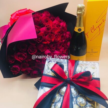VEUVE CLICQUOT CHAMPAGNE, 60 RED ROSES & 24 FERRERO CHOCOLATES