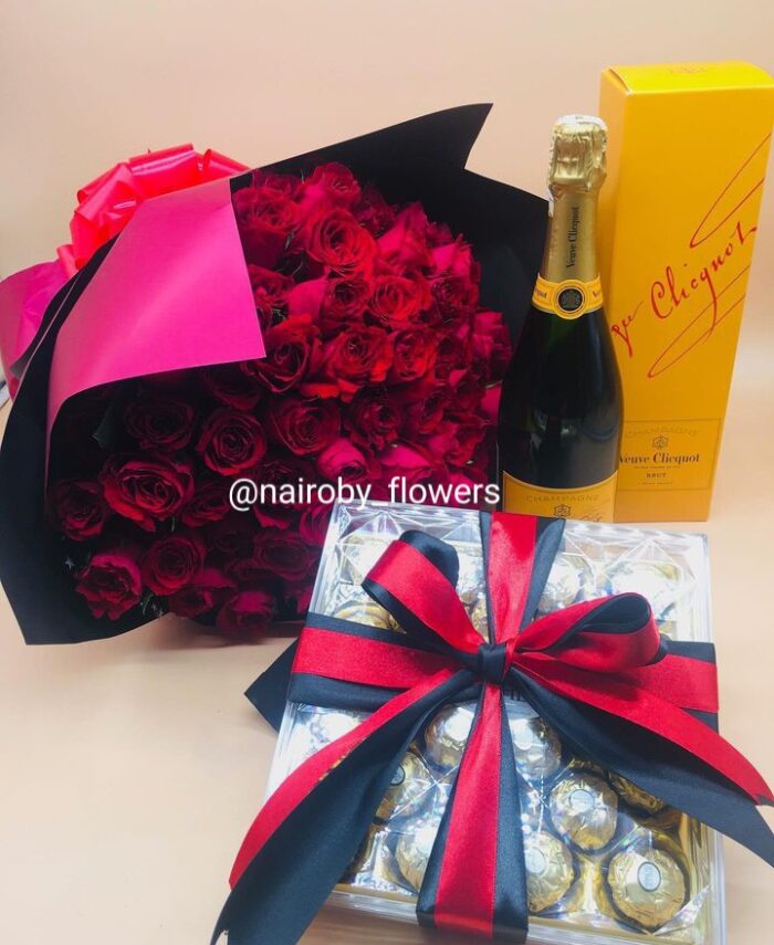 VEUVE CLICQUOT CHAMPAGNE, 60 RED ROSES & 24 FERRERO CHOCOLATES