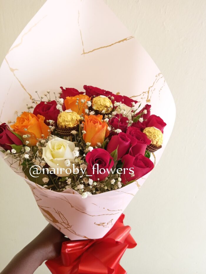 3 FERRERO CHOCOLATES & COLORFUL ROSES