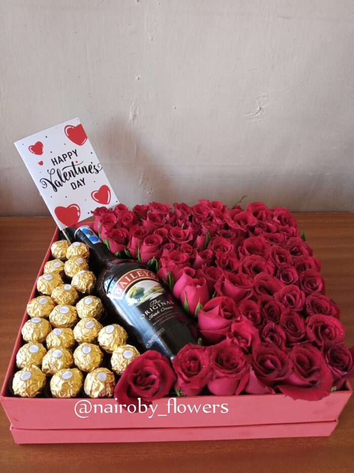 BAILEYS, FERRERO CHOCOLATES & RED ROSES BOX
