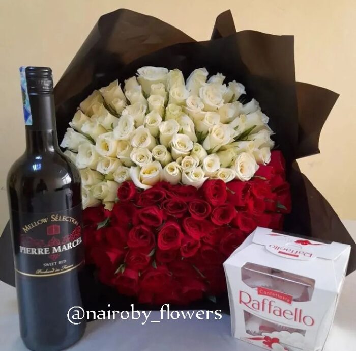 100 ROSEE BOUQUET, RAFFAELLO CHOCOLATE & PIERRE MARCEL RED WINE