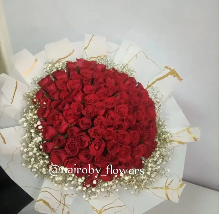 100 RED ROSES WITH BABY BREATH STYLE BOUQUET