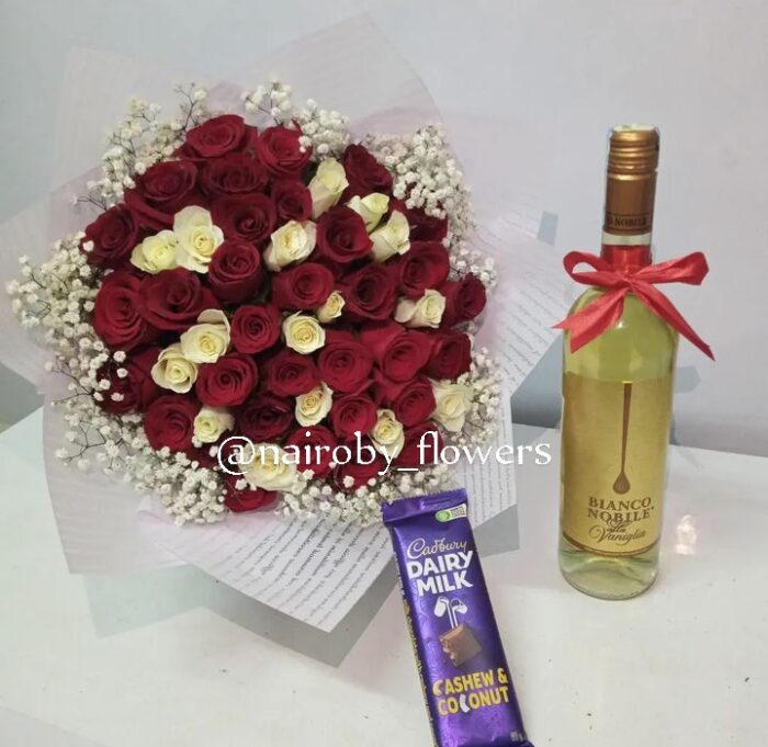 BIANCO NOBILE, CHOCOLATE & 60 MIXED ROSES