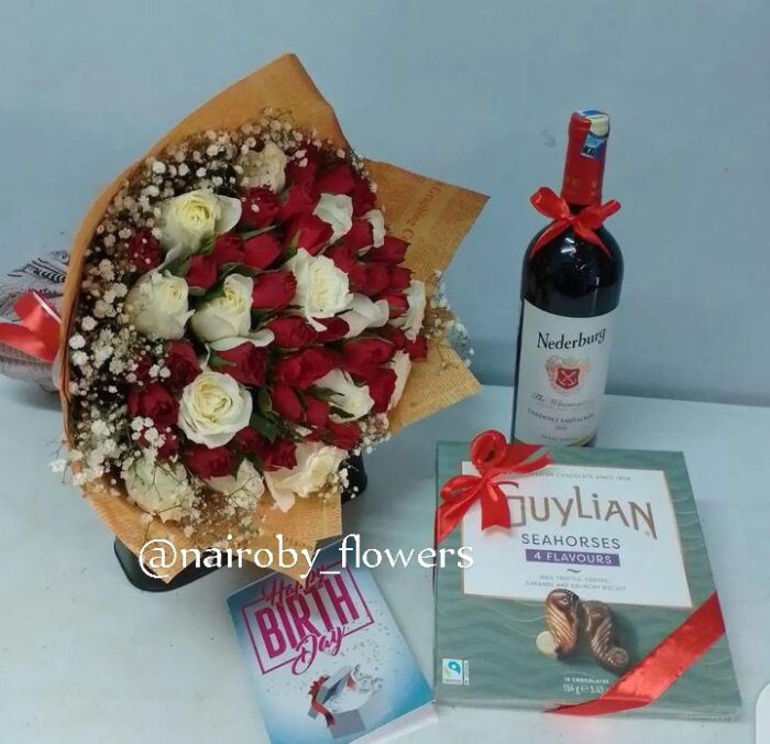 GUYLIAN CHOCOLATE, NEDEBURG WINE & MIXED ROSES BOUQUET